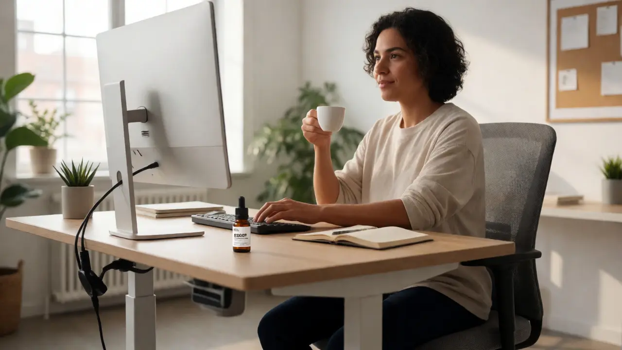 Fokussierte Person am Stehschreibtisch mit Espresso und CBD-Flasche im modernen Büro