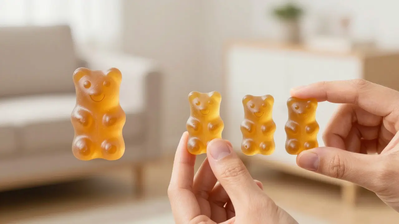 Gummi-Bärchen ganz und in Viertel geschnitten für Dosierung