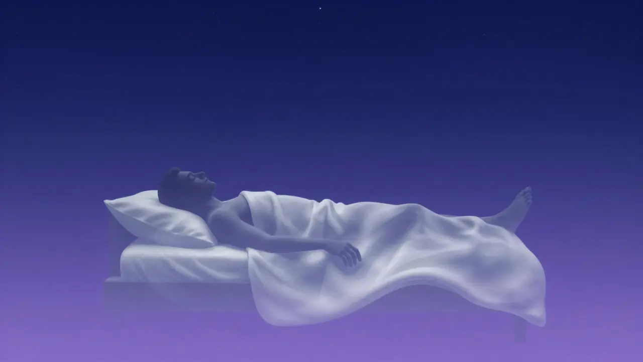 Konzeptionelle Illustration eines Mannes, der in einem sternenklaren Himmel friedlich schläft