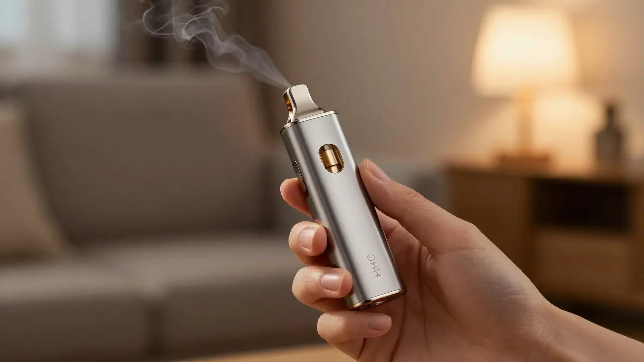 Nahaufnahme einer Hand, die eine moderne HHC-Vape-Penne in einem gemütlichen Raum hält