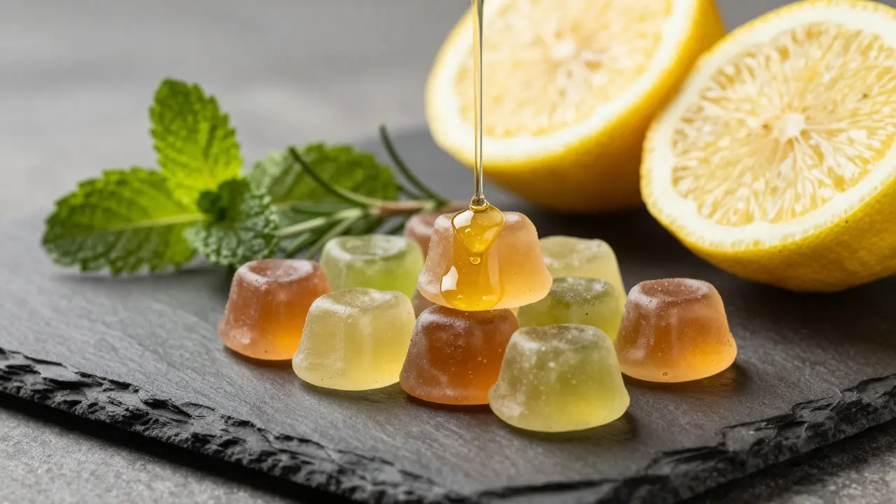Nahaufnahme von THC-Gummibärchen neben Zitrusfrüchten und Kräutern