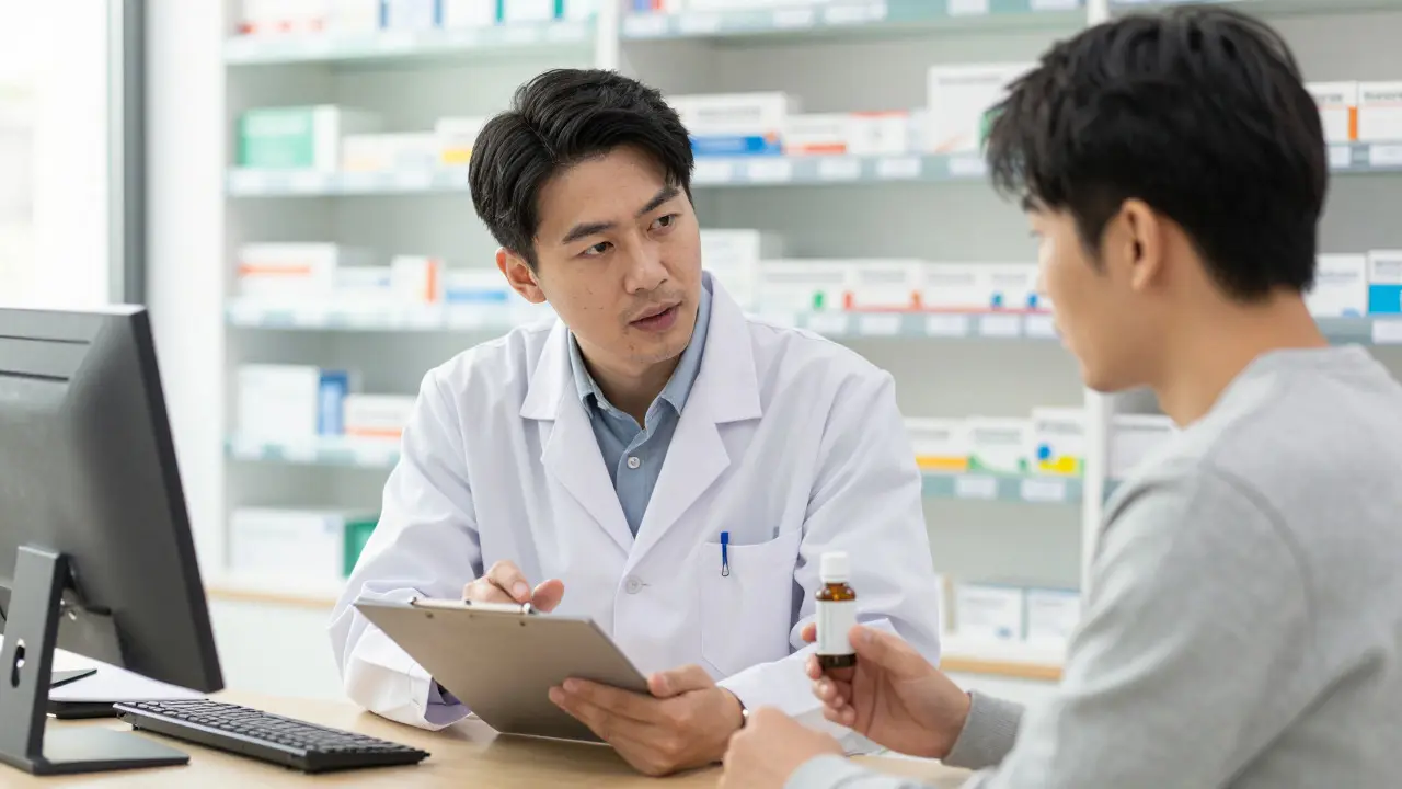 Patient discussing CBD usage with a pharmacist in a clinic