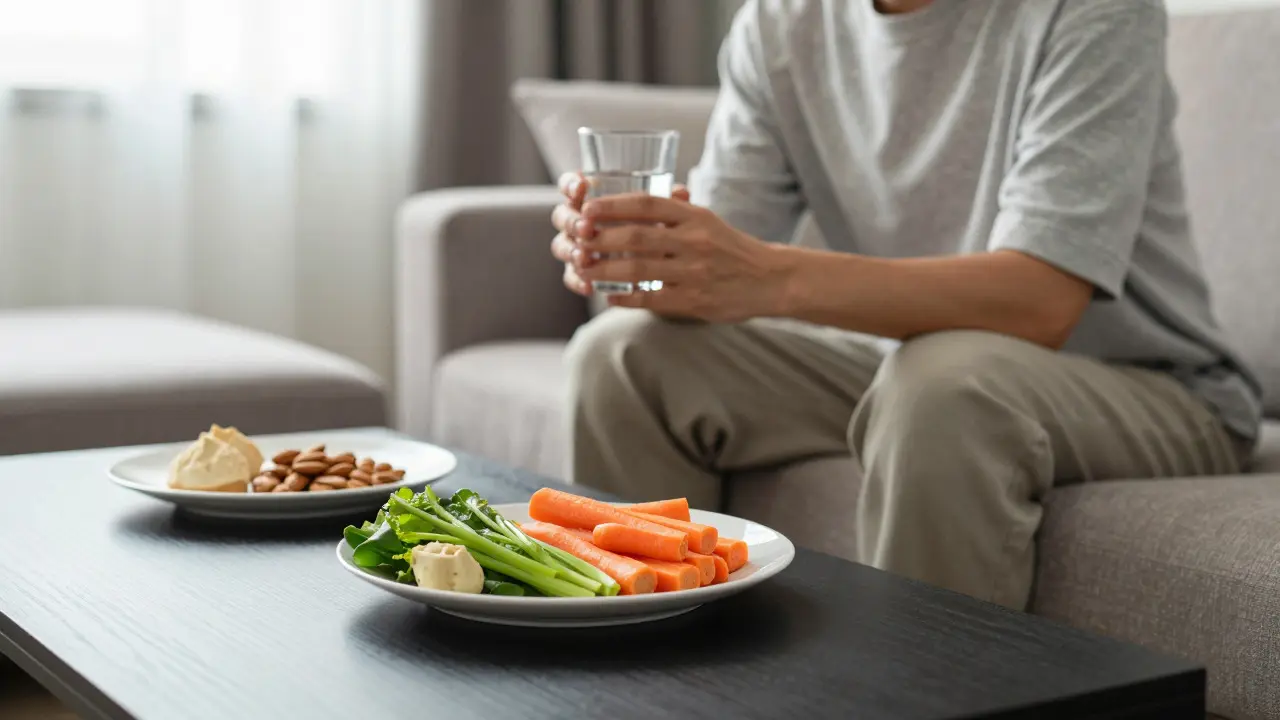 Person auf Sofa mit gesunden Snacks und Wasser für Appetitkontrolle