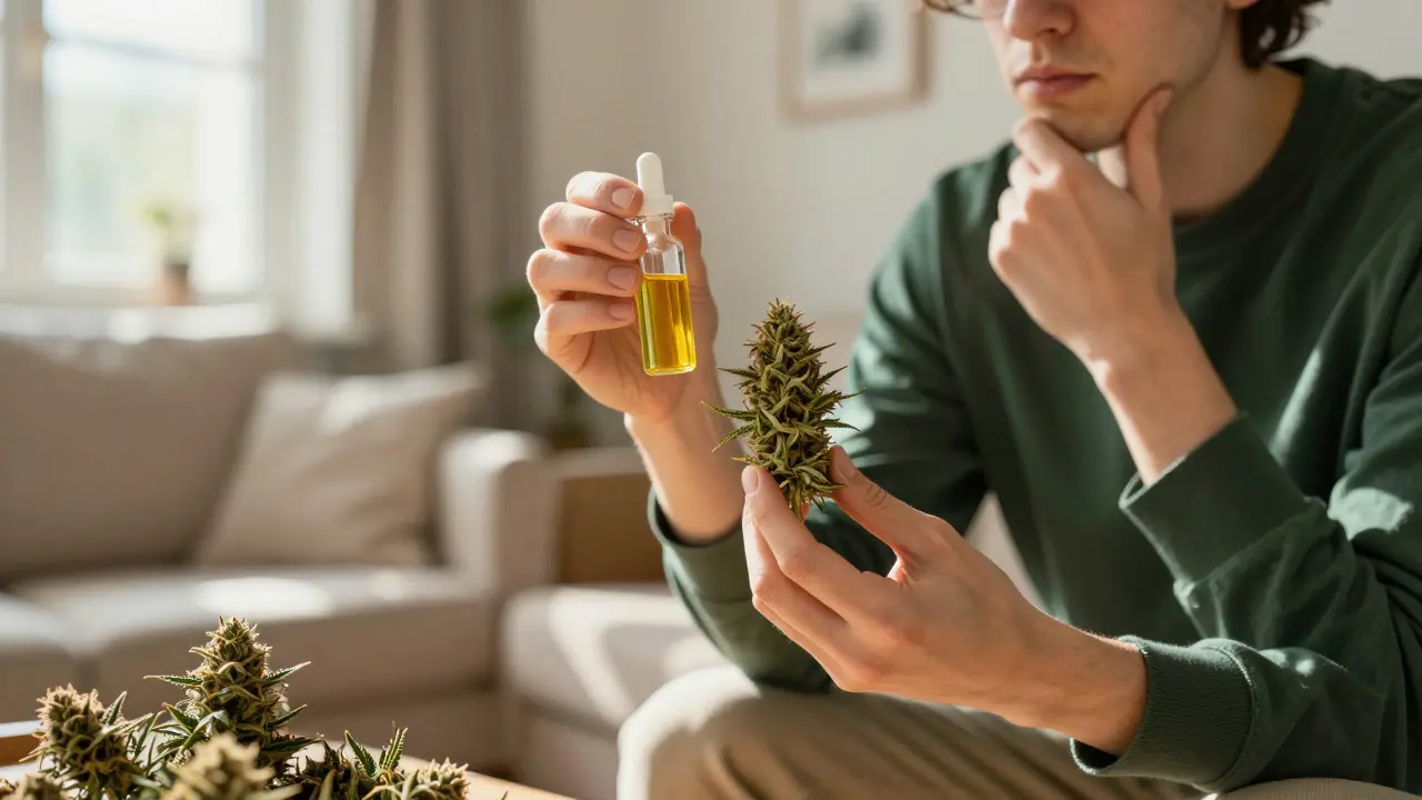 Person examining a dried cannabis flower and a vial of oil in a sunny room