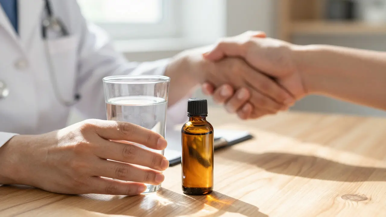 Person mit Wasser und Hanföl neben ärztlicher Beratung