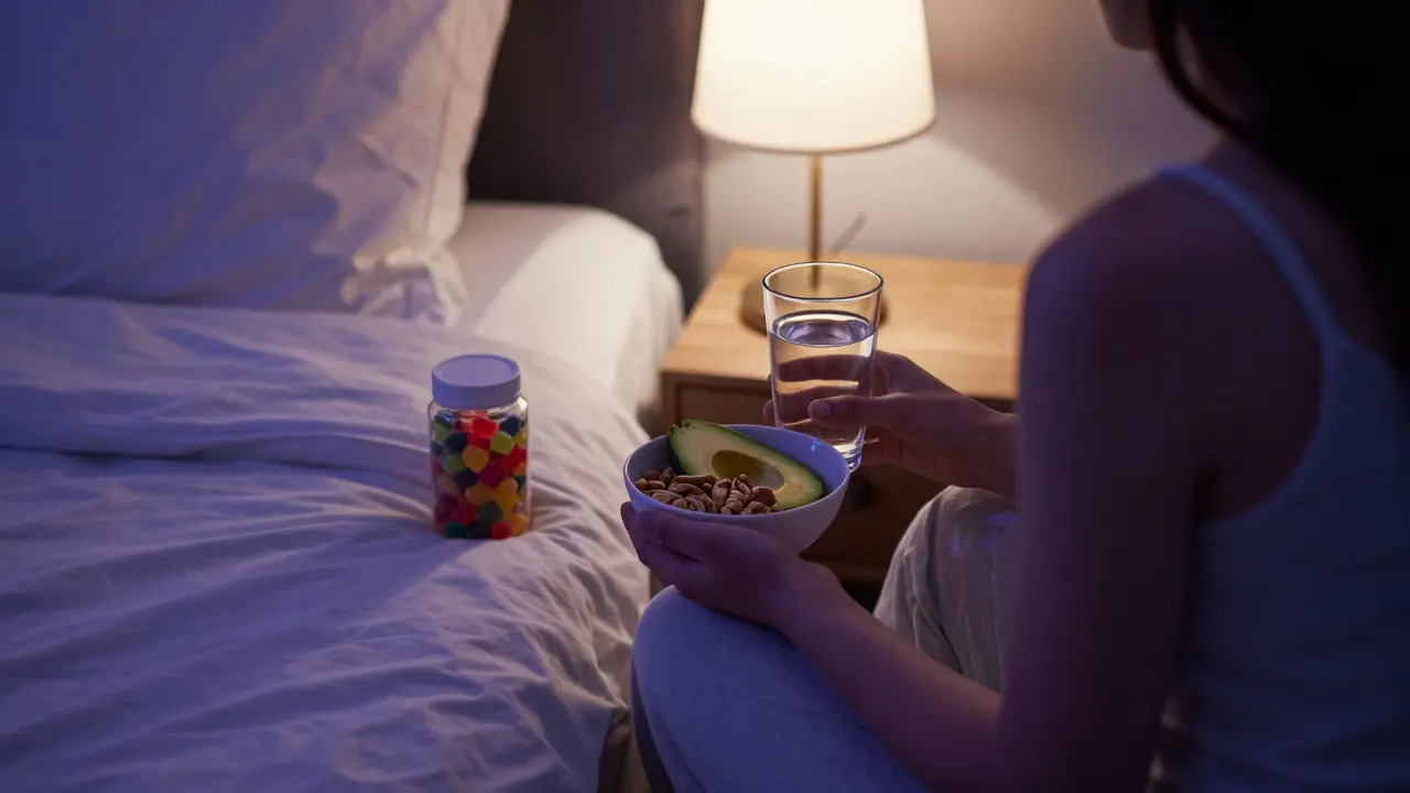 Person preparing a bedtime snack with nuts and CBD gummies