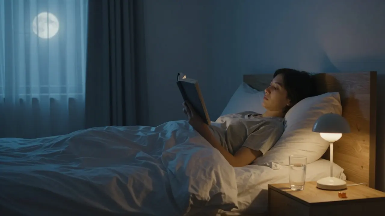 Person relaxing in bed with a book and a gummy on the nightstand in a dimly lit room