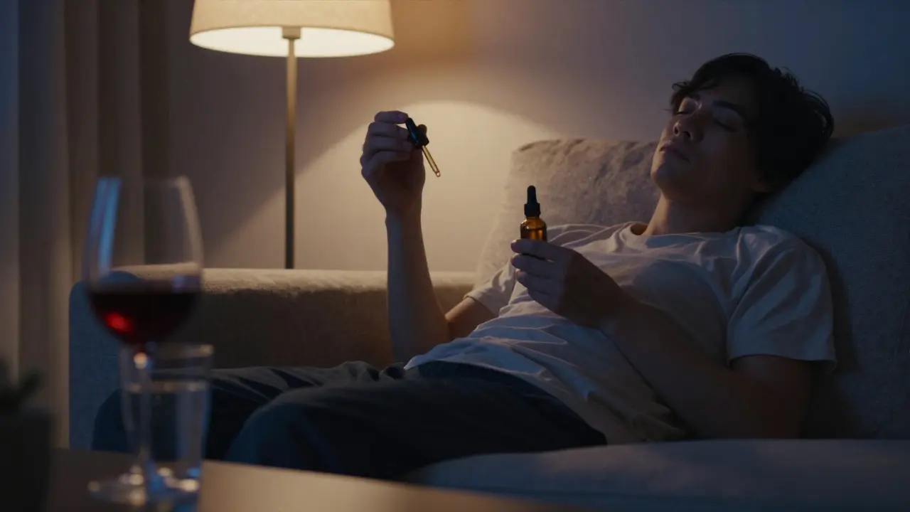 Person relaxing on a sofa holding wine and CBD oil, with a glass of water nearby in a dim room