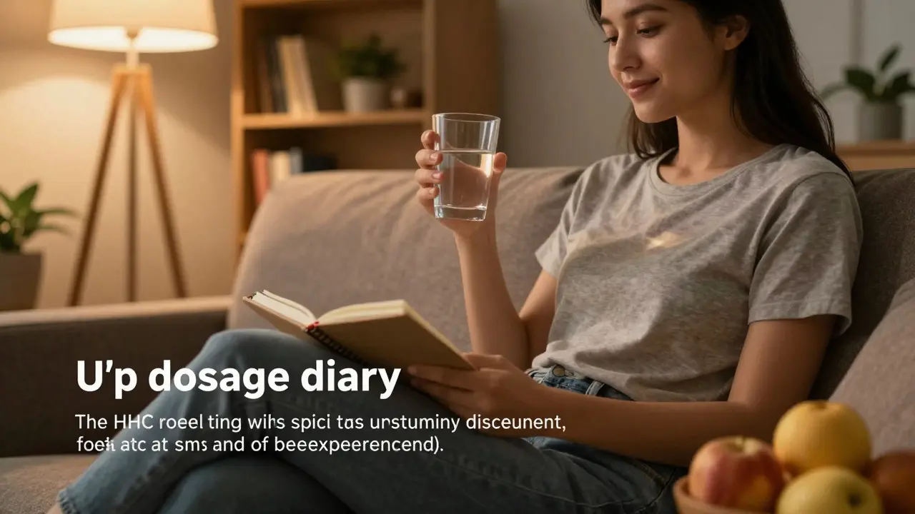 Person sitzt entspannt auf dem Sofa, hält Wasser und ein Notizbuch für das Dosierungstagebuch.