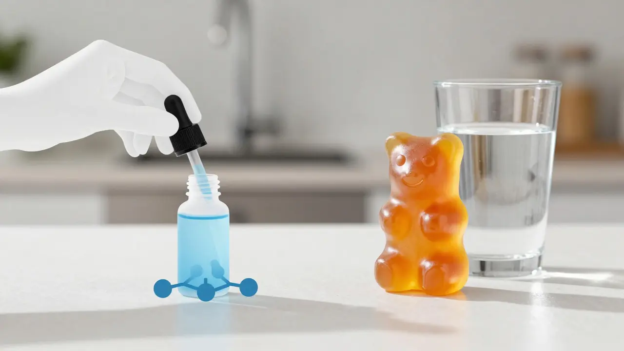 Vergleich von CBD-Öl und Gummies mit Wasser