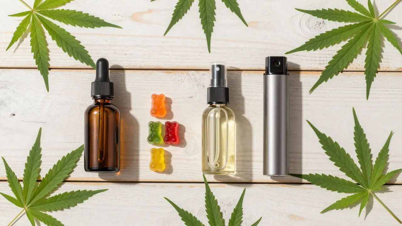 Verschiedene CBD-Produkte wie Öl, Gummis und Spray auf Holztisch