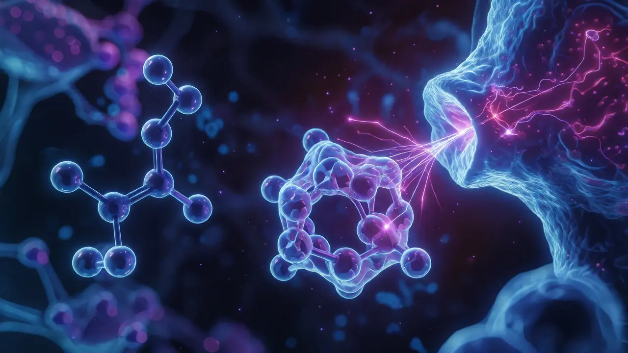 3D-Darstellung der molekularen Bindung von THCP an Rezeptoren