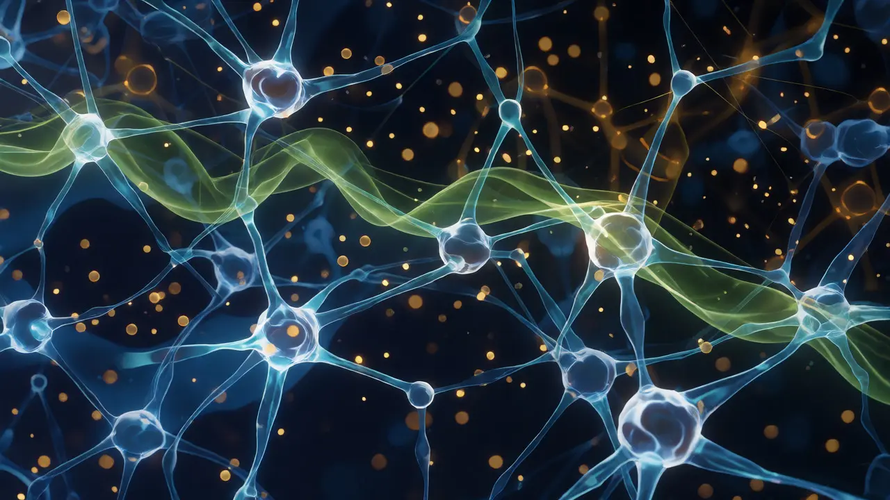 Abstrakte Darstellung des Gehirns mit Neurotransmittern