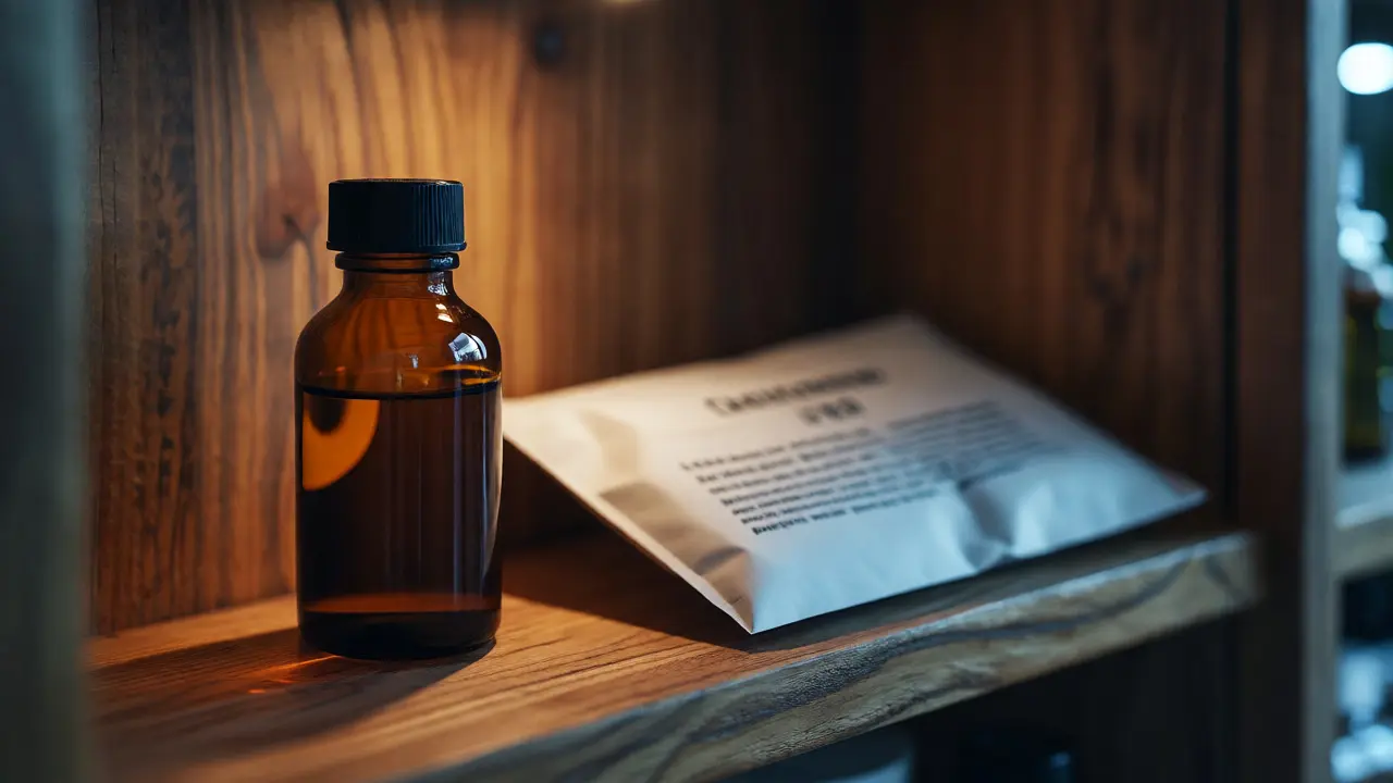 Amberglasflasche mit CBD-Öl steht kühl und dunkel auf einem Holzregal
