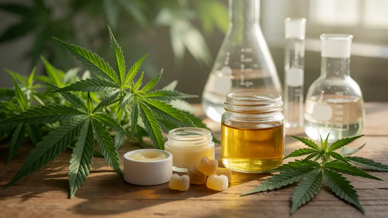 Arrangement von Hanfpflanzen, CBD-Öl und Balsam auf einem Holztisch im natürlichen Morgenlicht.