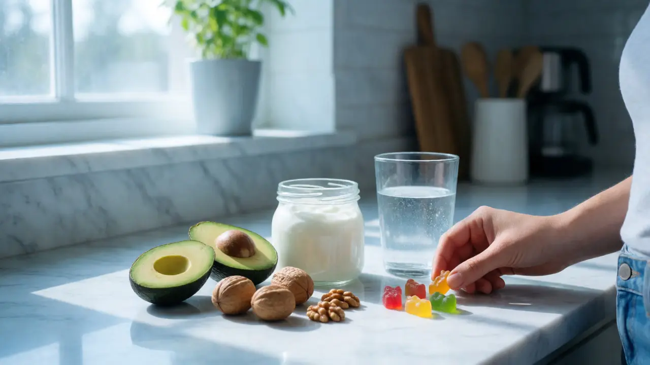 CBD-Gummibärchen neben Avocado und Nüssen auf einer Marmorplatte