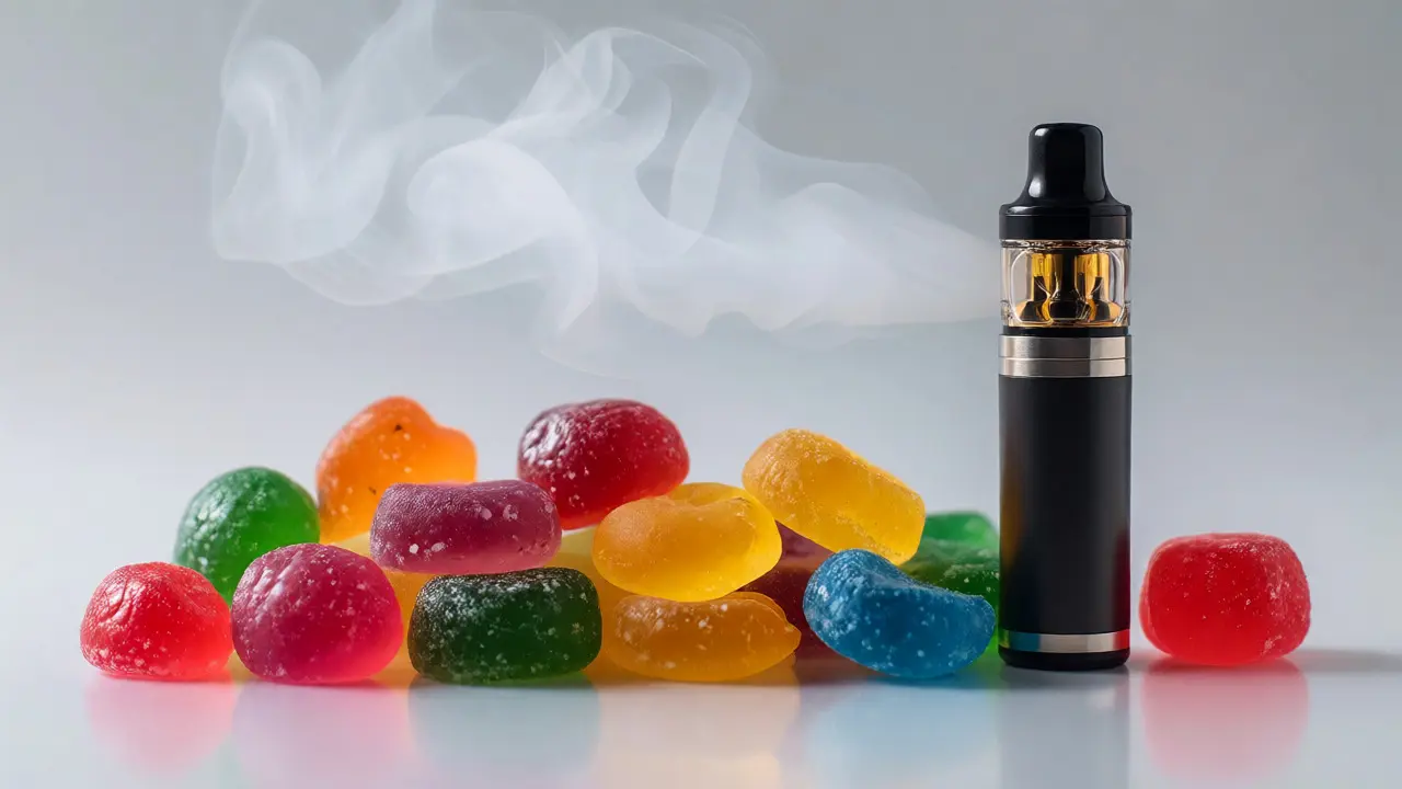 CBD-Gummibärchen neben einem Vape-Stift mit Dampf
