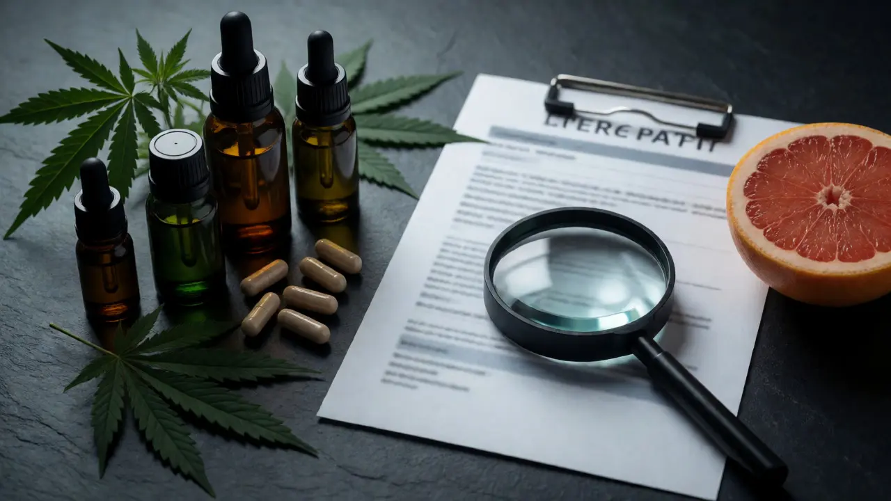 CBD-Produkte neben einer Lupe und Grapefruit auf dunklem Hintergrund.