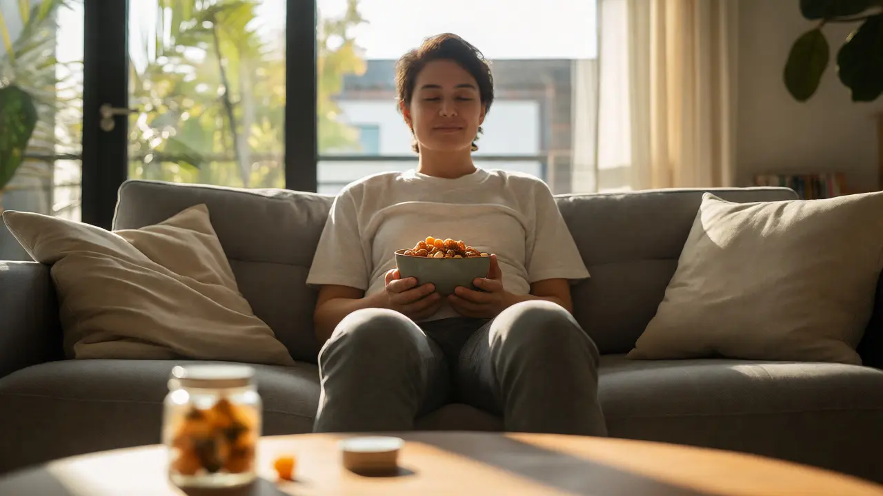 Entspannte Person auf einem Sofa, die gesunde Snacks statt Junkfood zu sich nimmt