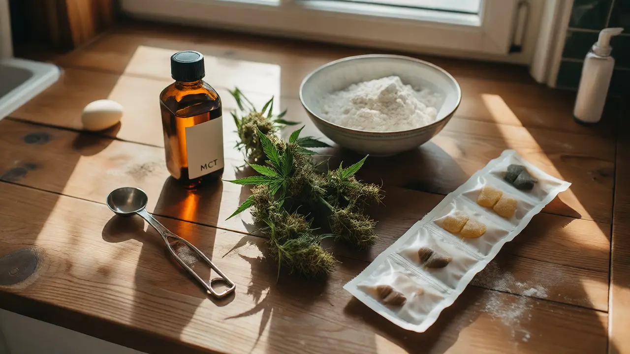 Flachlegung von Cannabis-Ingredienzen und Gummis auf Holztisch