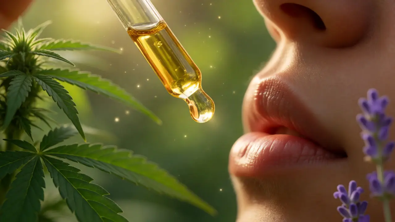 Goldenes CBD-Öl wird mit Hanfblättern und Lavendel dargestellt.