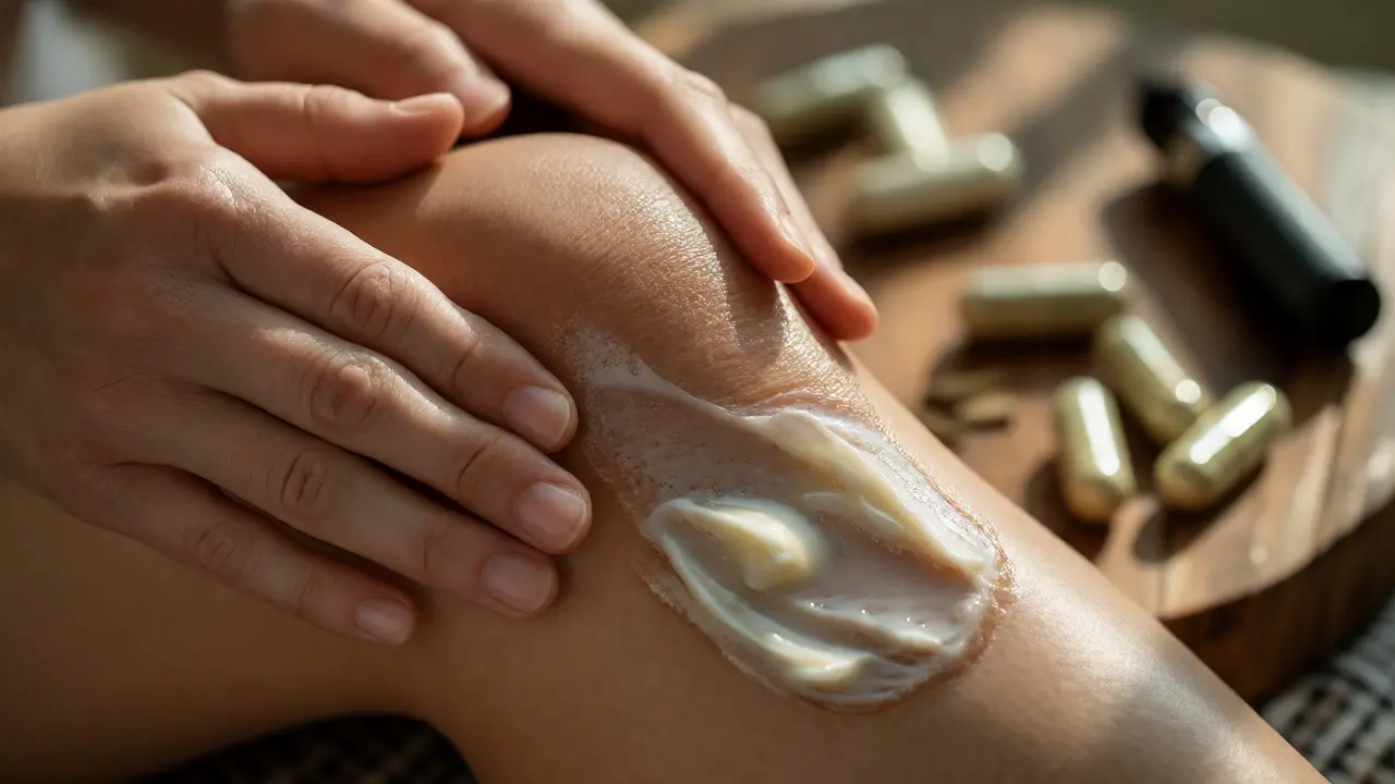 Hände tragen CBD-Creme auf ein schmerzendes Knie auf