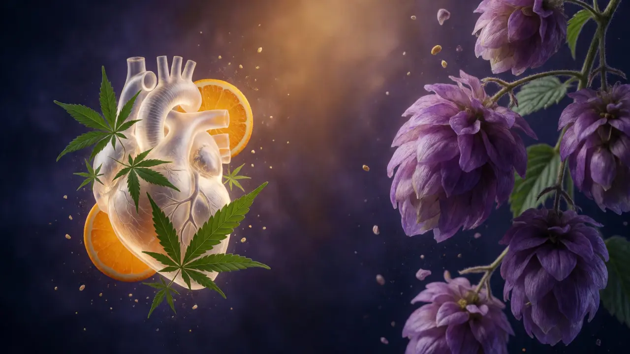 Konzeptbild von Hanfblättern und Terpenen um ein leuchtendes Herz