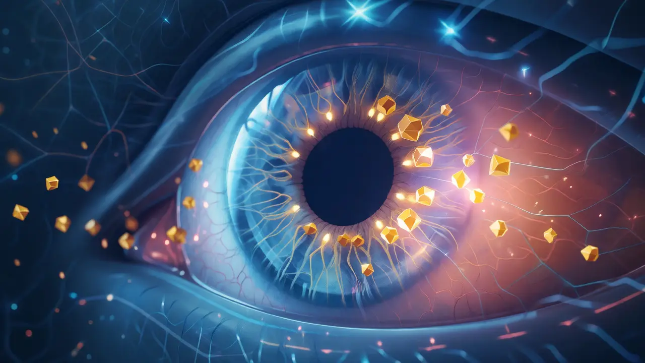 Konzeptuelle Darstellung von CBD-Molekülen, die mit den Rezeptoren im Auge interagieren.