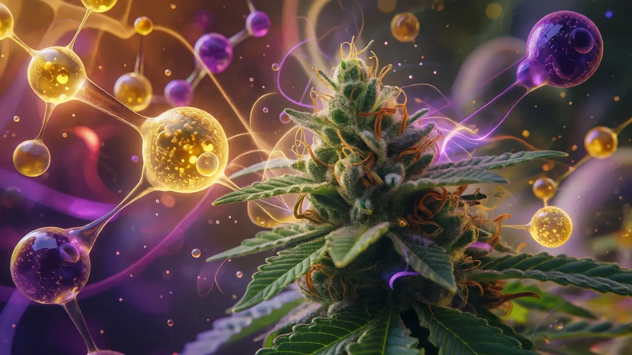 Konzeptuelle Darstellung von Terpen-Molekülen um eine Cannabispflanze.