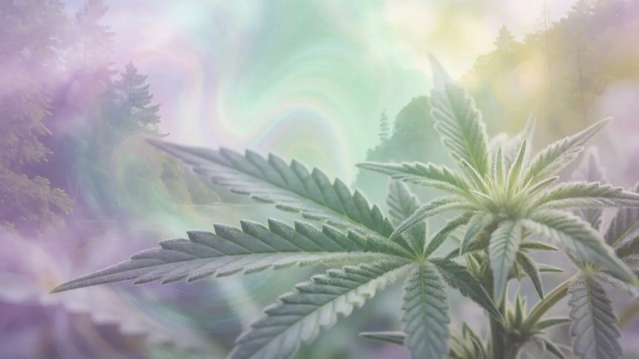 Kreativbild mit Cannabisblatt und sanfter Traumlandschaft