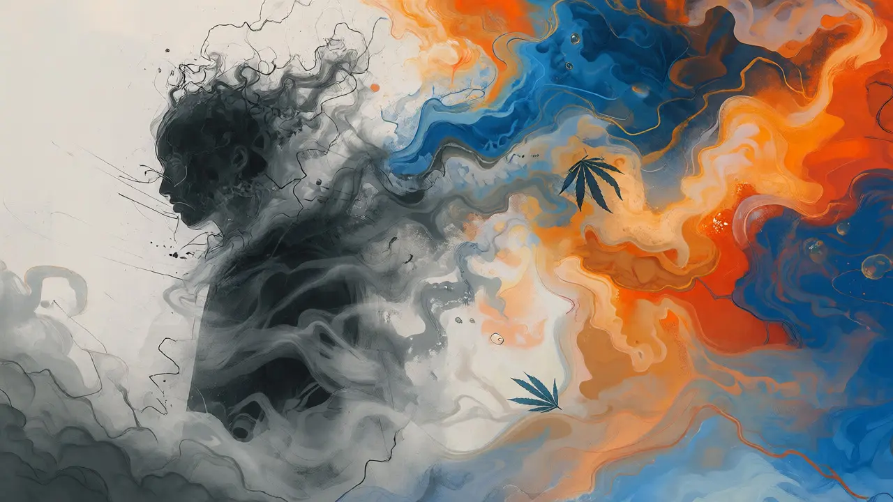 Künstlerische Visualisierung des Übergangs von grauer Anspannung zu farbiger Euphorie
