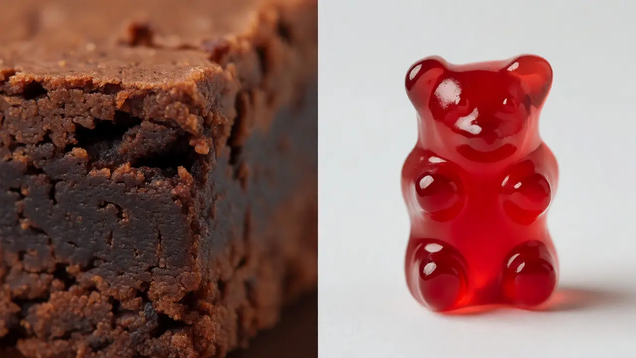 Makroaufnahme eines Brownies und eines Gummibären zum Konsistenzvergleich