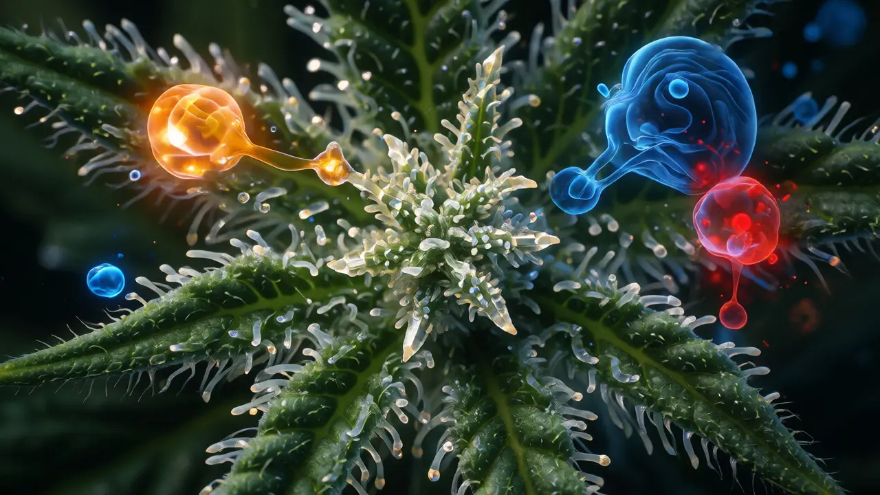 Makroaufnahme von Trichomen mit überlagerten Terpen-Molekülen