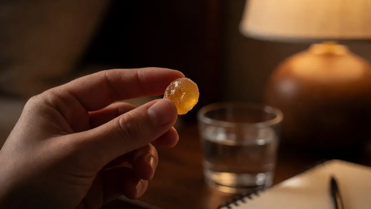 Nahaufnahme einer Hand, die ein HHC-Gummi für die Schlafenszeit hält
