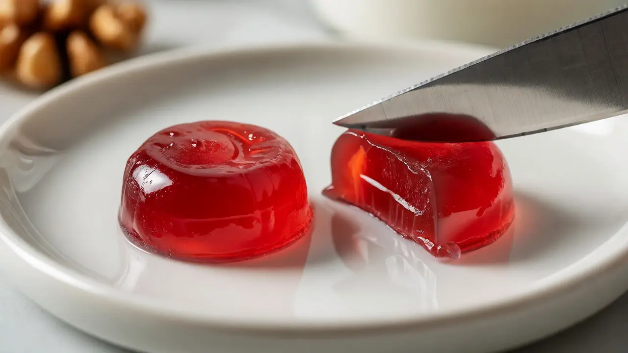 Nahaufnahme eines geschnittenen THC-Gummis auf weißem Teller