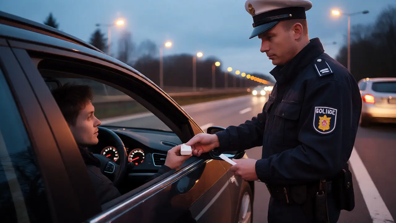 Polizeikontrolle am Straßenrand bei Dämmerung mit einem Beamten, der einen Speicheltest durchführt.