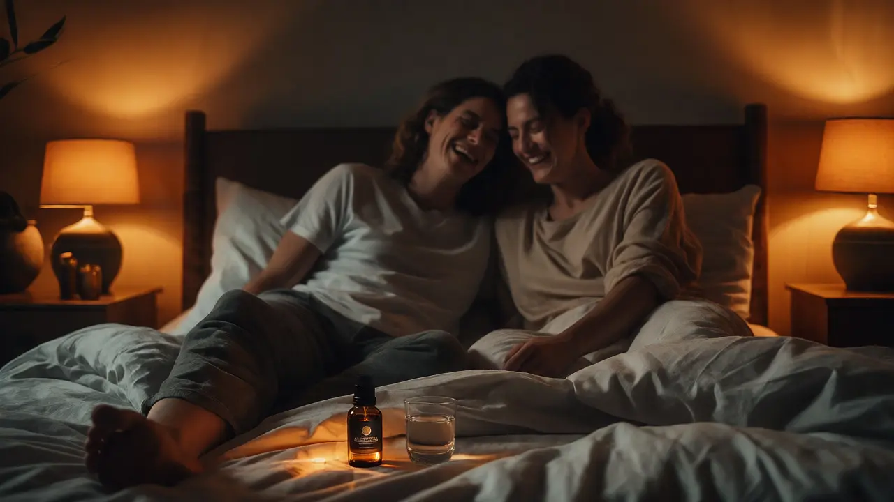 Relaxed couple sharing an intimate moment in a warm bedroom