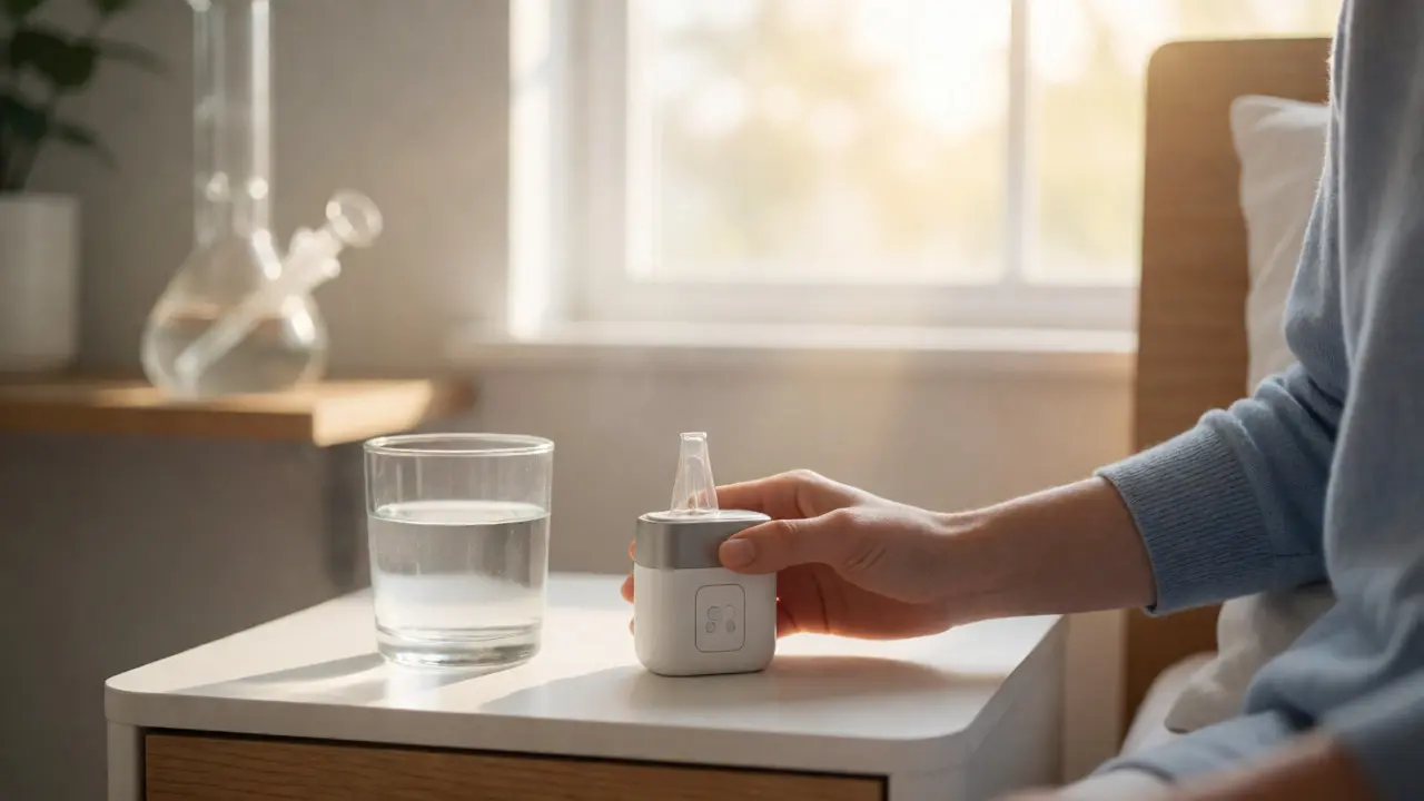 Vaporizer neben einem Glas Wasser im Morgenlicht