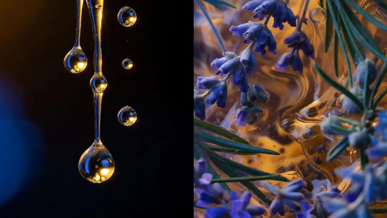 Abstract macro view of CBD oil mixing with botanical terpene elements
