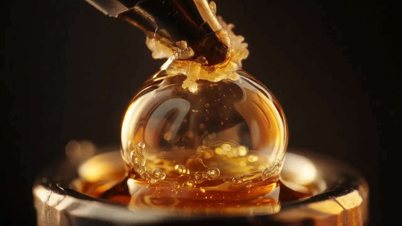 Eine klare goldene Blase bildet sich beim Erhitzen von reinem Bubble Hash.
