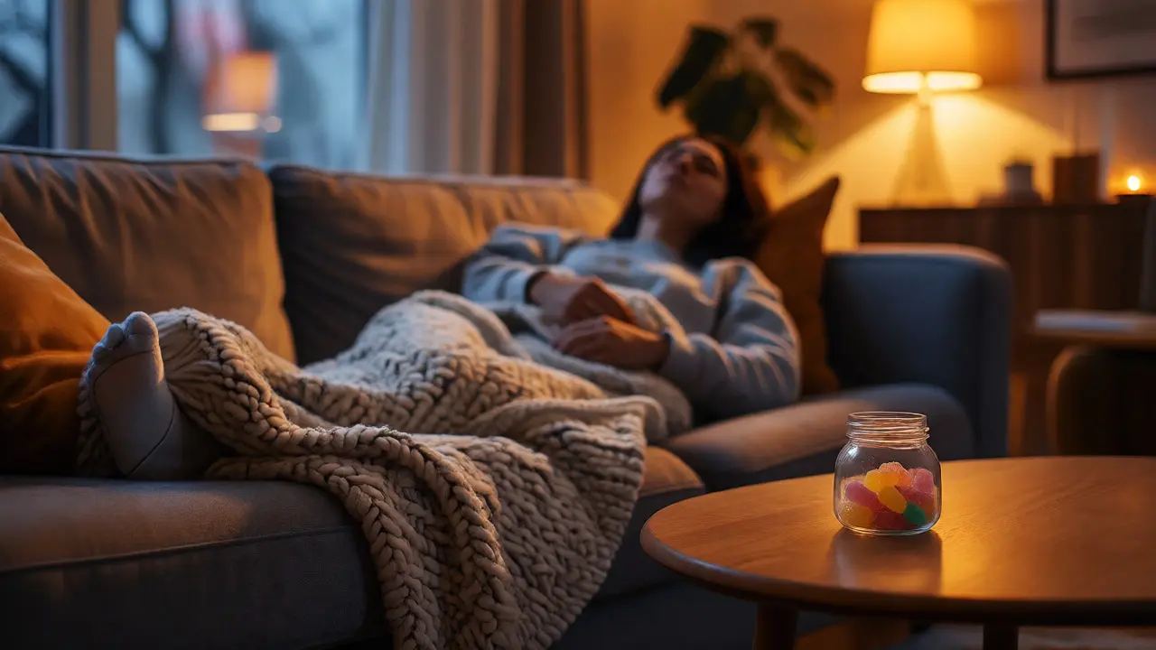 Entspannte Person auf Sofa mit einer Dose CBD-Gummis im Hintergrund
