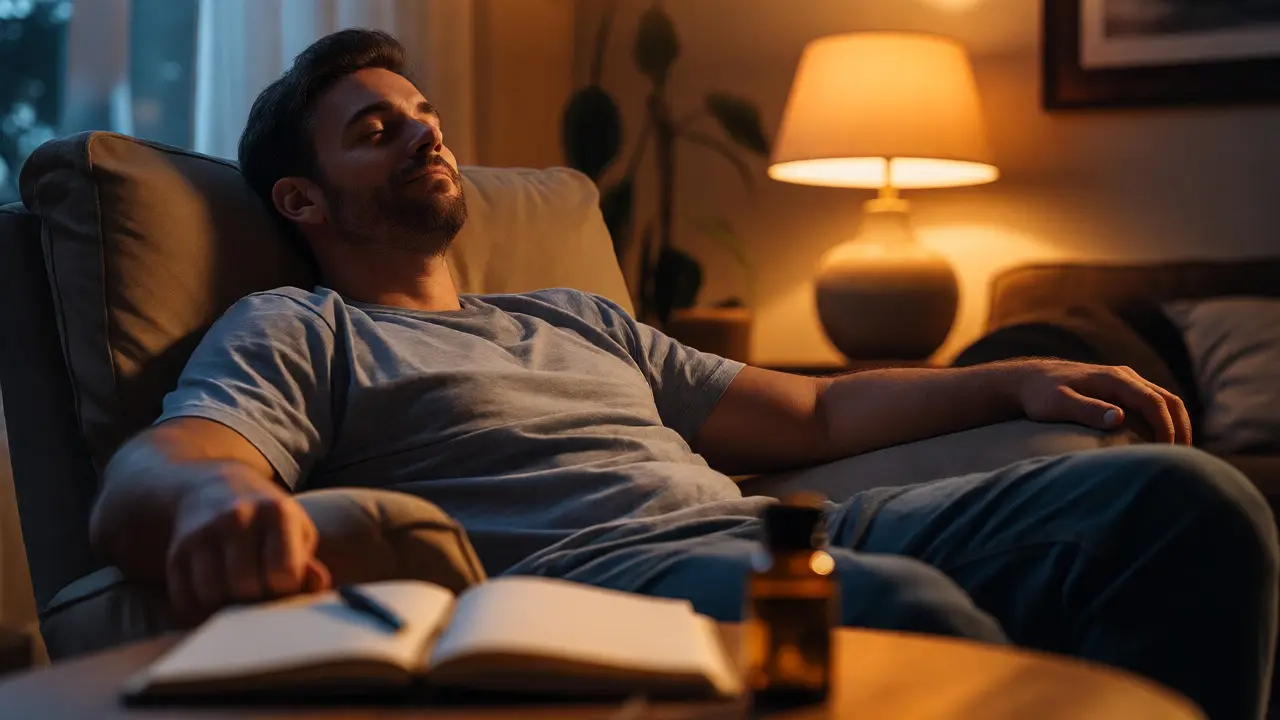 Entspannter Mann liest abends ein Tagebuch neben CBD-Flasche