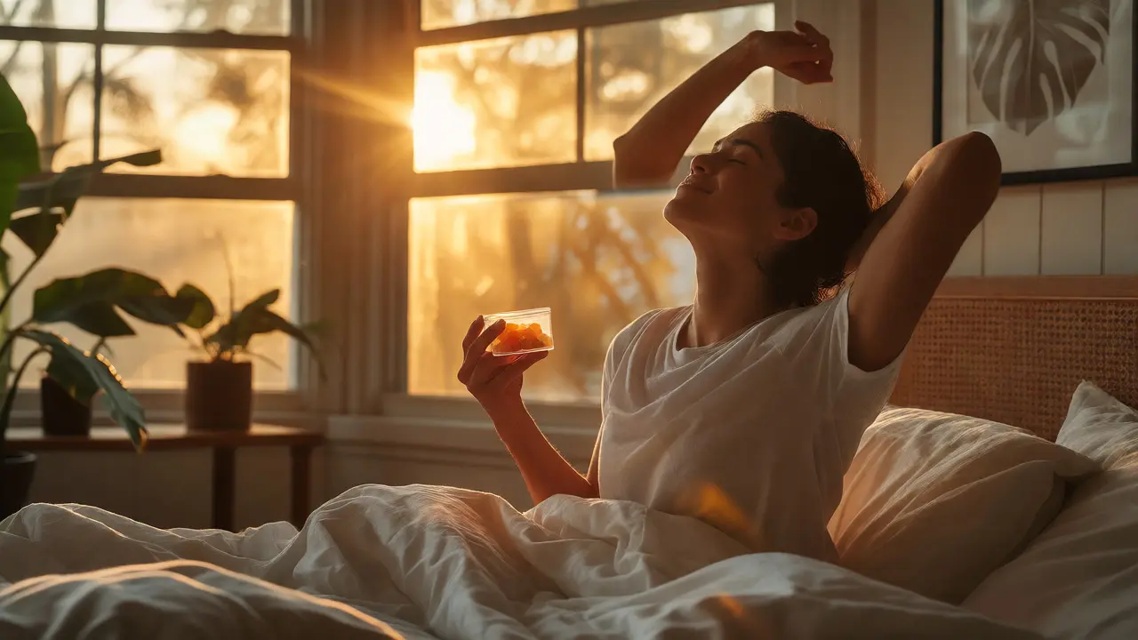 Erfrischte Person im Morgenlicht hält Gummibärchen, symbolisiert erholsamen Schlaf.