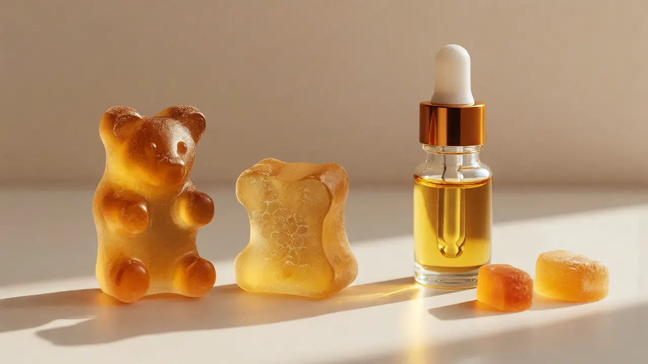 Ganzes, halbes und kleine Gummibärchen neben Ölflasche