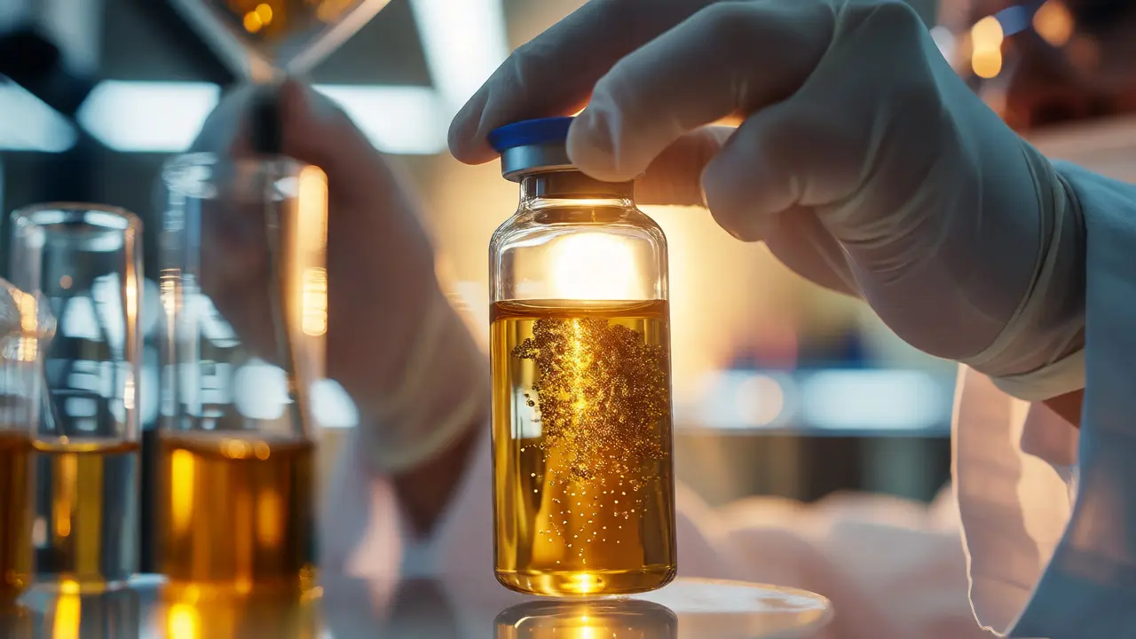 Glasvial mit HHC-Öl und schwebenden Metallpartikeln im Labor