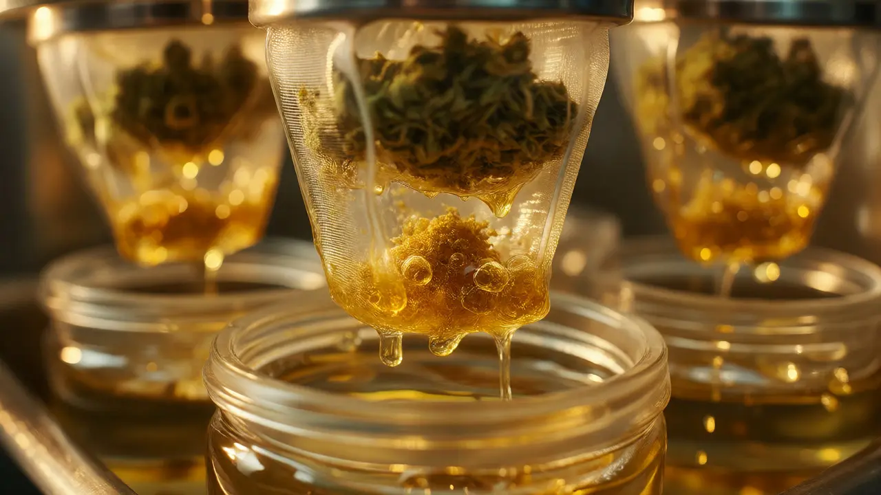 Goldene Trichome werden durch feine Filterbeutel in Wasser gefiltert.