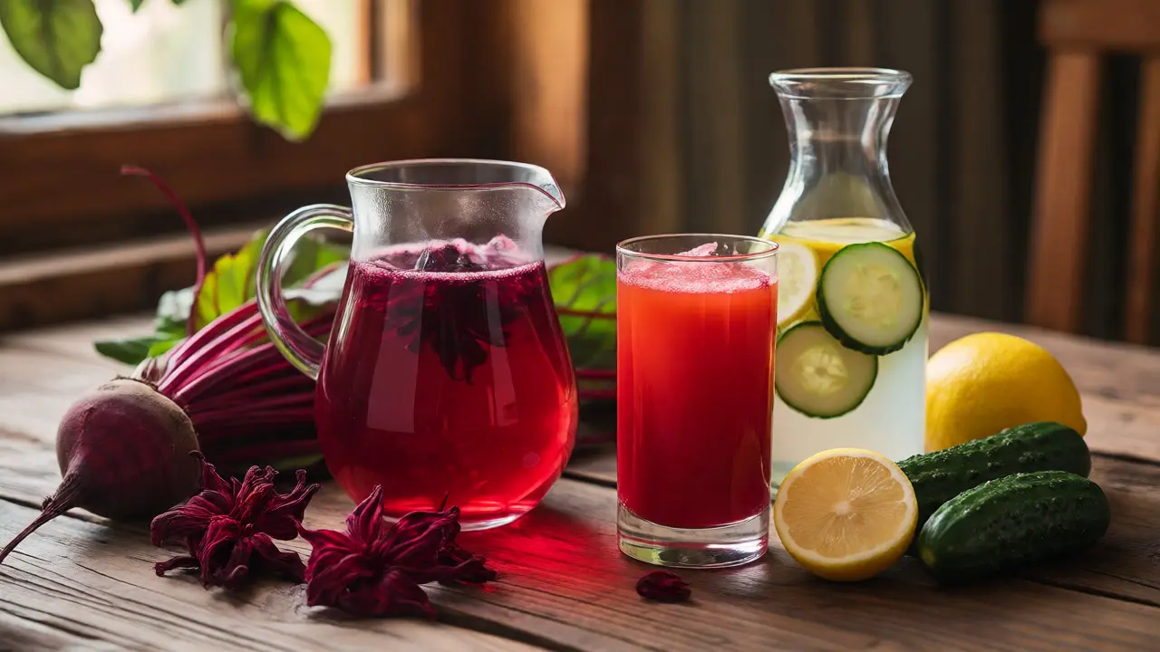 Hibiskustee, Rote-Bete-Saft und infundiertes Wasser auf einem Holztisch.