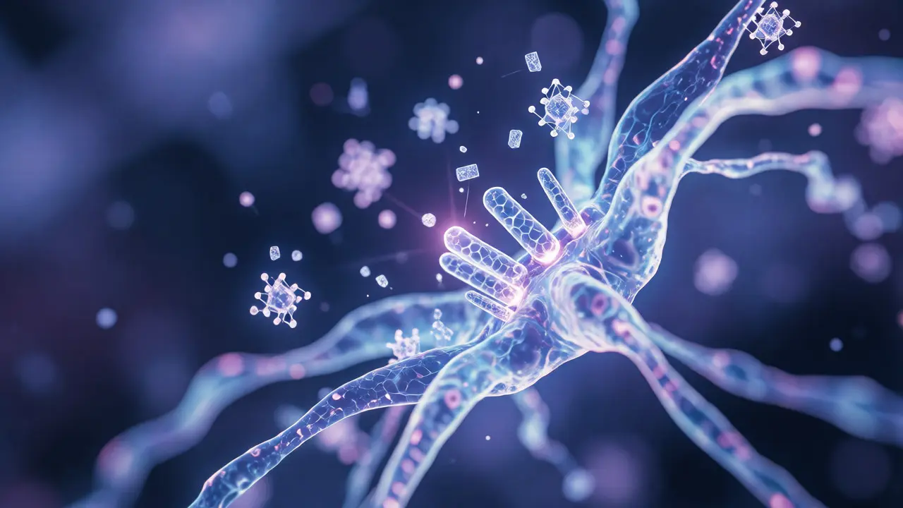 Konzeptuelle Darstellung der Interaktion von CBD-Molekülen mit Nervenrezeptoren