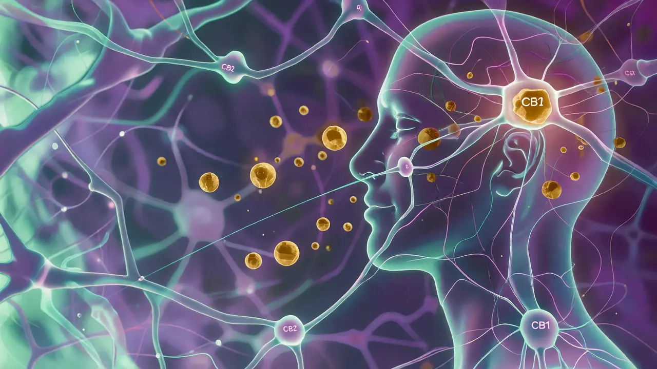 Konzeptuelle Darstellung des Endocannabinoid-Systems mit leuchtenden Rezeptoren und bindenden CBD-Molekülen.
