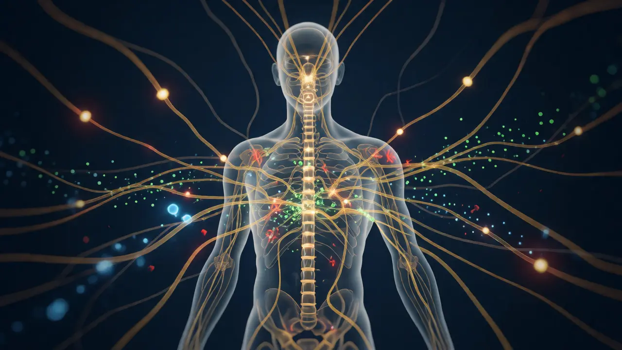 Konzeptuelle Darstellung des Endocannabinoid-Systems mit modulierenden Molekülen.